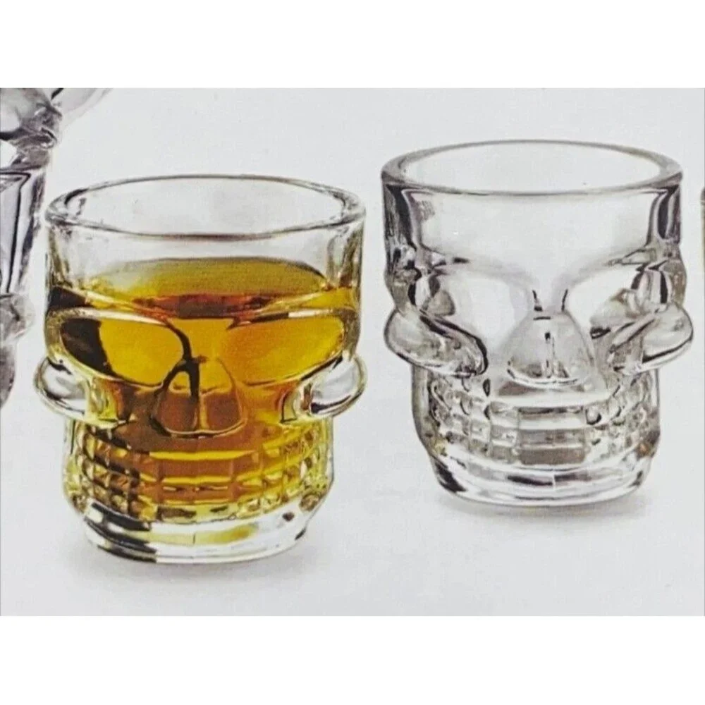 Original Set Of 4 Shot Glasses 3-D Skull Clear Glass Halloween /Day Of The Death